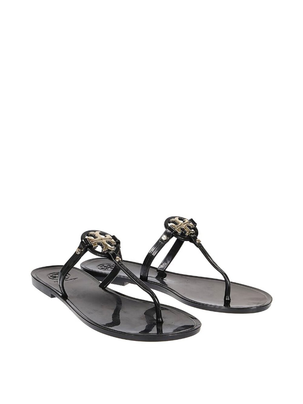 Tory Burch Black Patent Thong Sandals with Gold Logo Accent